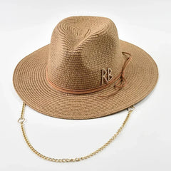 Fashionable Metal RB Letter Straw Hats for Women Men Summer Panaman Jazz Hat Outdoor Holidays Beach Sun Hat