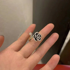Black Rose Shaped Metal Opening Rings for Woman Girls Fashion Luxury Zircon Adjustable Index Finger Rings Jewelry Party