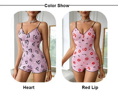 Women's Pajamas One Piece Pajamas Red Lip Printed Sleeveless Pijama Short Onesie Adults V-Neck Suspenders Funny Pajamas Bodysuit