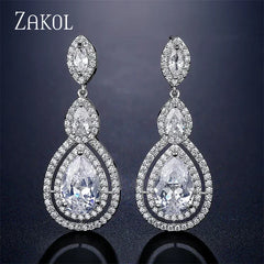 ZAKOL Luxury Water Drop Cubic Zircon Long Dangle Earrings for Women Bridal Wedding Jewelry Dress EP2114