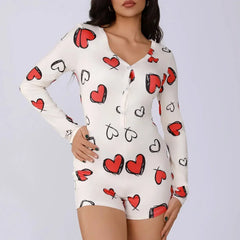 Ladies one-piece bodysuit sexy hot girl pajamas heart digital print short-sleeved set shorts home wear