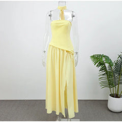 Butter Yellow Mesh Splicing Long Dress Elegant Strapless Split Backless Pleated Gowns For Women 2025 Lady Evening Party Gowns