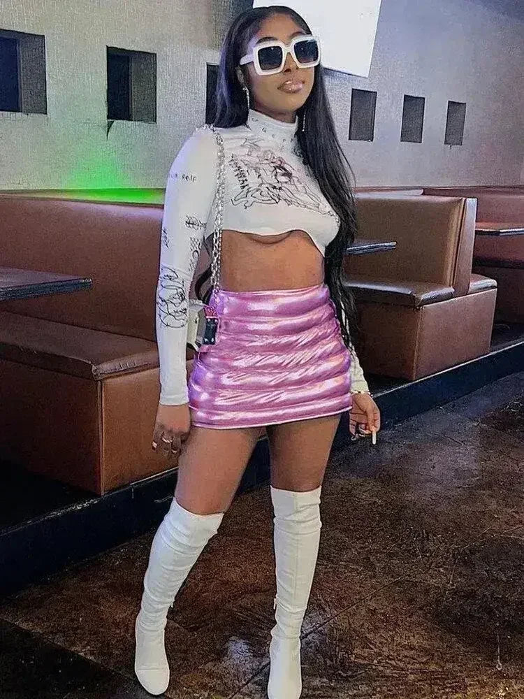 Pink Women's Puffer Skirt Metallic Shiny Warm Quilted Mini A-line - Femstylo