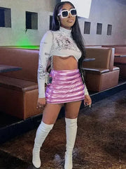 Pink Women's Puffer Skirt Metallic Shiny Warm Quilted Mini A-line - Femstylo