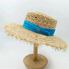 Summer Straw Hat 2024 New Flat Top French Straw Hat Elegant Women's Outdoor Vacation Sun Hat Summer Hat 모자 gorras beach