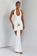 Mozision Metal Flower Draped Ruched Sexy Mini Dress Women Robe Fashion Halter Backless Sleeveless Bodycon Club Party Dress New