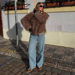 Warm Fluffy Faux Fur Cardigan Coats Women's Winter Turn-down Collar Full Sleeve Overcoat 2025 Autumn New Lady Solid Streetwear