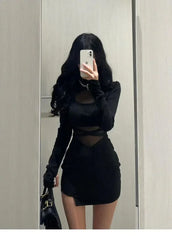 Pile Up Sleeves New Sexy Black Fishbone Dress Personalized Slim Women Dress Thin Gauze Perspective Wrap Around Buttocks F8Q3