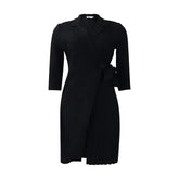 Women Solid Plus Size Folds Dress Neck Pleated Blazer Style Dress Office Vintage Sexy Lady Belt Party Tight Curvy Short Dress