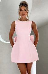 Mozision Pearl Bow Backless Sexy Mini Dress For Women Robe Fashion Zipper Sleeveless High Waist A-line Club Party Dress Elegant