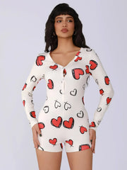 Ladies one-piece bodysuit sexy hot girl pajamas heart digital print short-sleeved set shorts home wear