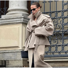 Women Lapel Lace Up Long Windbreaker Full Sleeve Shawl Waist Cinching Single Breasted Coats Lady Elegant Casual High Street Coat