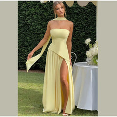 Butter Yellow Mesh Splicing Long Dress Elegant Strapless Split Backless Pleated Gowns For Women 2025 Lady Evening Party Gowns