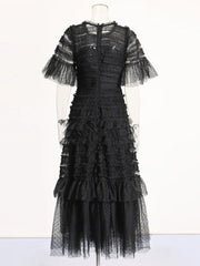 Patchwork Edible Tree Fungus Elegant Dresses For Women Round Neck Short Sleeve High Waist Temperament Dress Female Fashion