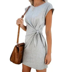 Dress Women Summer O-neck Short Sleeve Asymmetrical Lace Up Waist Solid Color Dresses 2022 Casual Vestidos Dropshipping JQMY9675