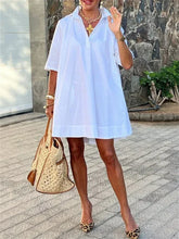 Urban Female Fashion Solid Color Lapel Mini Dresses New Summer Half Sleeves Loose Casual Office Commute White Dress