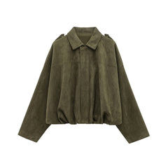 TRAFZA Women Brown Green Suede Jacket Loose Casual Bomber Coat Lapel Zipper Long Sleeve Jackets Vintage Lady Motorcycle Outwears