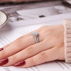 Newshe 2 Pieces Tear Drop Shape Engagement Ring Wedding Band for Women 925 Silver Bridal Jewelry High Grade Cubic Zircons