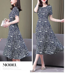 New Fashion Casual 2024 Summer Elegant Dresses For Women O-Neck Print Vintage Short Sleeve Dress Loose Women Clothing