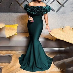 Women Strapless Sleeveless Ruffles Slash Neck Trumper Mermaid Dress Long Evening Party Floor Length Dress Solid Color Sexy