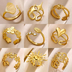 Stainless Steel Flower Open Rings For Women Trend Wedding Heart Jewelry Gold Color Geometric Hollow Ring Daily Accessories Gift