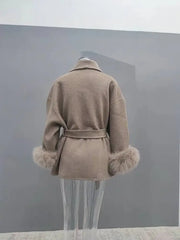 UCXQ Elegant OL Office Lady Overcoats Fur Patchwork Long Sleeve Woolen Coat Beautiful Women's Clothing Jacket Autumn 2025 Spring