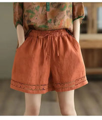 Cotton Linen Vintage High-Waist Elastic New Style Tie-Belt Embroidered Hollow Casual Straight Shorts