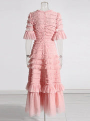 Patchwork Edible Tree Fungus Elegant Dresses For Women Round Neck Short Sleeve High Waist Temperament Dress Female Fashion