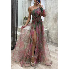 Elegant Oblique Shoulder Single-sleeve Zipper High Slit Mesh Long Dress For Women Fashion Flower Decoration Party Dress Female