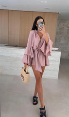 Elegant Fold Dress Women Brown Deep V-neck Long Sleeve Mini Dresses Female 2025 Spring Summer Fashion Loose Lady Vestidos