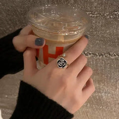 Black Rose Shaped Metal Opening Rings for Woman Girls Fashion Luxury Zircon Adjustable Index Finger Rings Jewelry Party