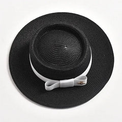 NEW Spring Summer Straw Hats for Women Round Bumpy Surface Flat Top Bowknot Dress Cap Travel Beach Sun Hat Gorra