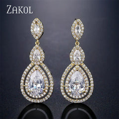 ZAKOL Luxury Water Drop Cubic Zircon Long Dangle Earrings for Women Bridal Wedding Jewelry Dress EP2114