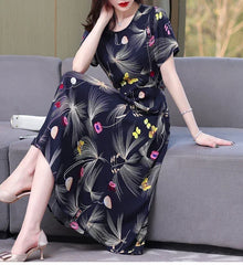 New Fashion Casual 2024 Summer Elegant Dresses For Women O-Neck Print Vintage Short Sleeve Dress Loose Women Clothing