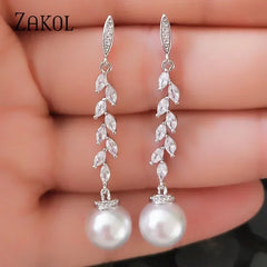 ZAKOL Fashion Round Imitation Pearls Drop Earrings for Women Shinny Zirconia Crystal Leaf Long Bridal Earring Wedding Jewelry