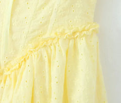 YENKYE Sexy Elegant Women Hollow Out Embroidery Yellow Sling Mini Dress Low Waist Lace Up Bandage Party Dresses Birthday Robe