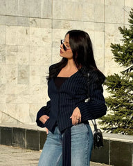 Tuularose Stripe Tailored Coat For Women Lace Up V Neck Long Sleeves Coat Female Fashion Elegant High-End Formal Tailored Coat