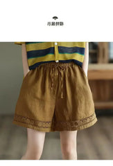 Cotton Linen Vintage High-Waist Elastic New Style Tie-Belt Embroidered Hollow Casual Straight Shorts
