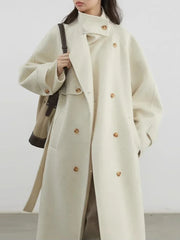 CHIC VEN Women Woolen Coats Loose Stand Collar Double-sided Overcoat Female Outerwear Office Ladies Clothing Autumn Winter 2024