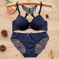 1 Piece Lace Stitching Bra Panties Front Buckle Push Up Bra Scallop Trim Panties Lingerie Set, Women's Lingerie Underwear