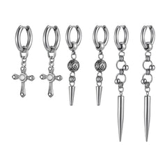 Punk Men's Huggies Earrings,Vintage Long Chain Stainless Steel Ear Drop,Stylish Cross Earring Gift