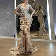 Women Elegant Luxurious Gold Sequins Evening Dress Sheer Sleeve Round Neck Ruffle Irregular Sexy High Split Wedding Maxi Dresses