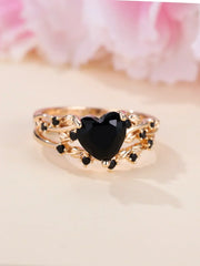 Heart Shaped Ring Set Green Black Red Stone Heart Ring Sets for Women Rose Gold Color White Zircon Wedding Bands Jewelry