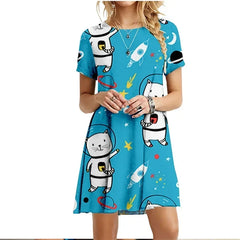 Painted Patters Cats Print Dress Short Sleeve Kawaii Women Dresses Summer For 2022 Fashion O-Neck Street Casual Loose Clothing