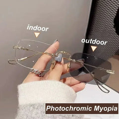 New Fashion Photochromic Myopia Glasses Vintage Rimless Square Women Men Anti Blue Light UV Sunglasses Optical Diopter Eyewear