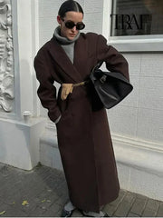 TRAF Women Fashion Solid Color Wool Lengthened Coat Elegant Warm Street Coat Autumn and Winter Retro Pocket Double-Breasted Coat