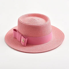 NEW Spring Summer Straw Hats for Women Round Bumpy Surface Flat Top Bowknot Dress Cap Travel Beach Sun Hat Gorra