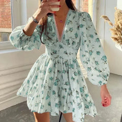 Spring Women's New Temperament Sweet Fashion Print Sexy V-neck Lace Lantern Sleeves High Waist Short A-line Dress