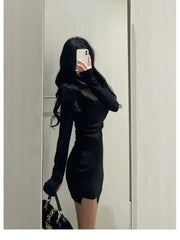 Pile Up Sleeves New Sexy Black Fishbone Dress Personalized Slim Women Dress Thin Gauze Perspective Wrap Around Buttocks F8Q3