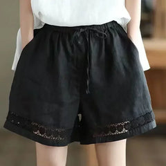 Cotton Linen Vintage High-Waist Elastic New Style Tie-Belt Embroidered Hollow Casual Straight Shorts